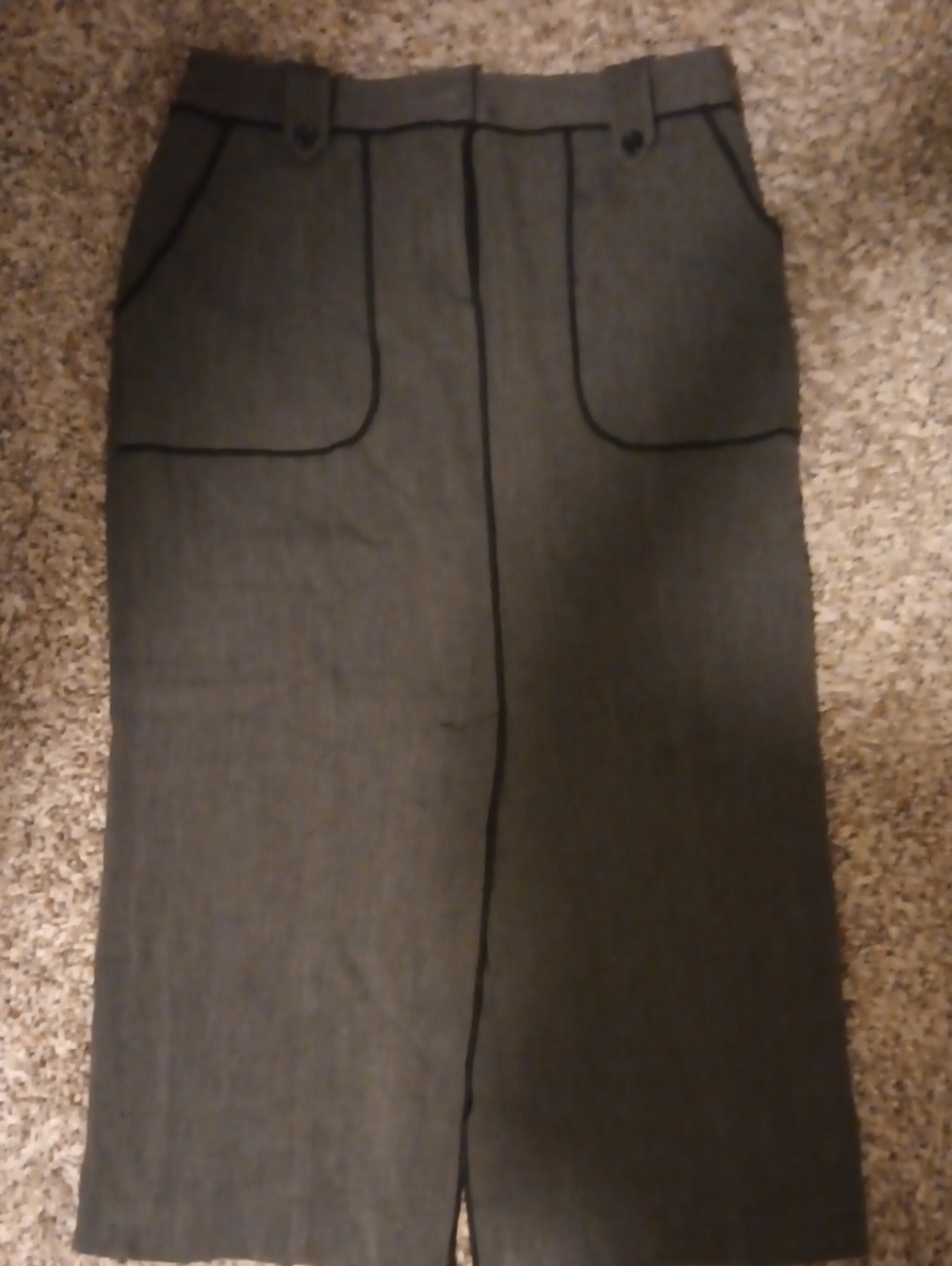 Vintage Larry Levine Long Pencil Skirt in Charcoal with Black Piping W Slit Sz 8